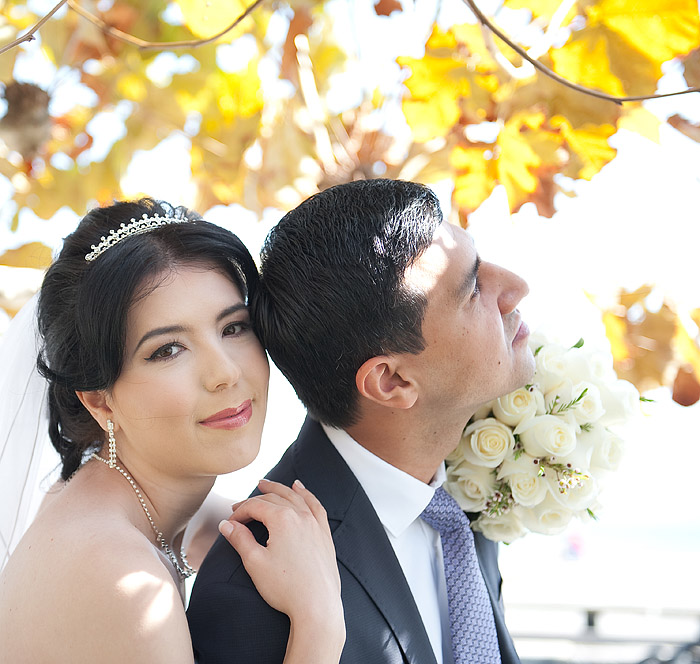 The portrait of the couple in the fall background