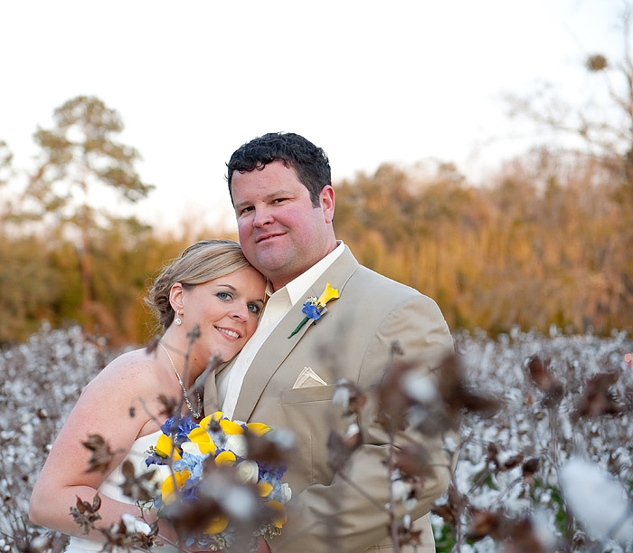 portrait of bride and groom in the cotton field